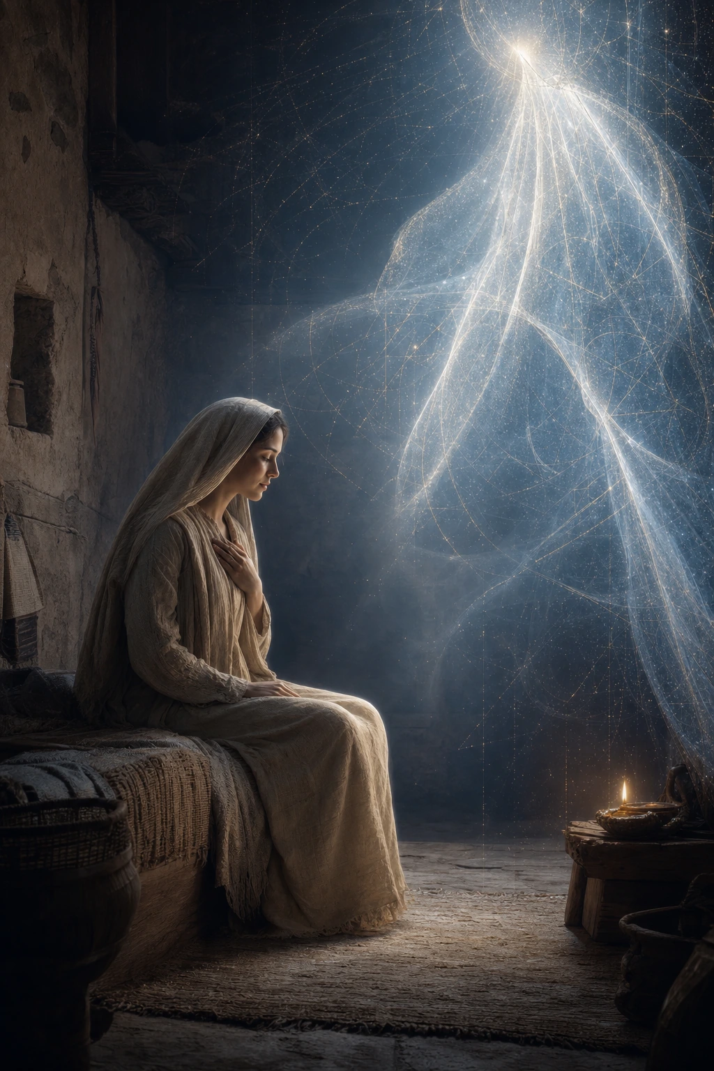 Maria em uma casa simples de Nazaré diante de uma presença luminosa, com uma pequena lamparina entre ambas