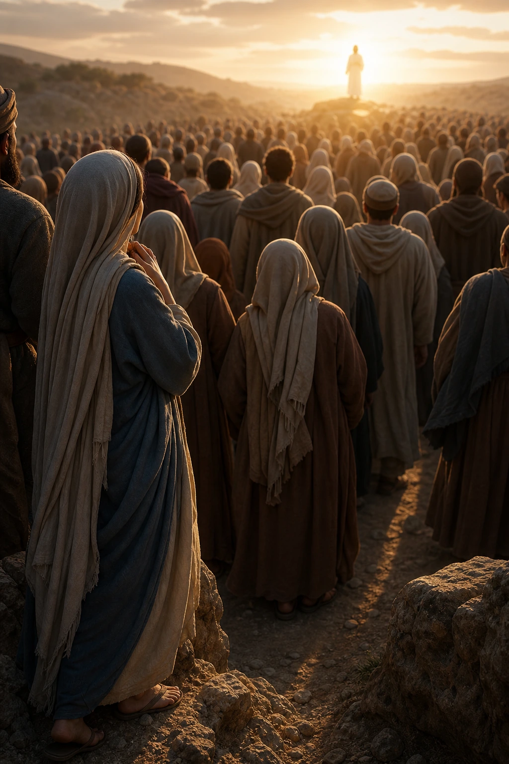 Maria observa da borda de uma grande multidão enquanto Jesus ensina ao longe sob a luz do entardecer