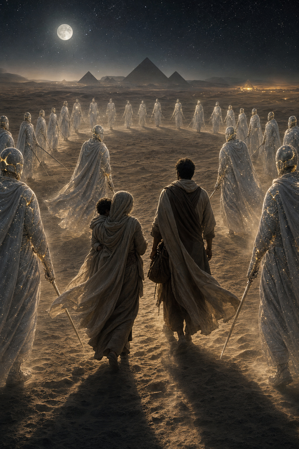 Maria, José e o Menino atravessam o deserto à noite, cercados por uma formação de guardiões celestes que seus olhos não veem