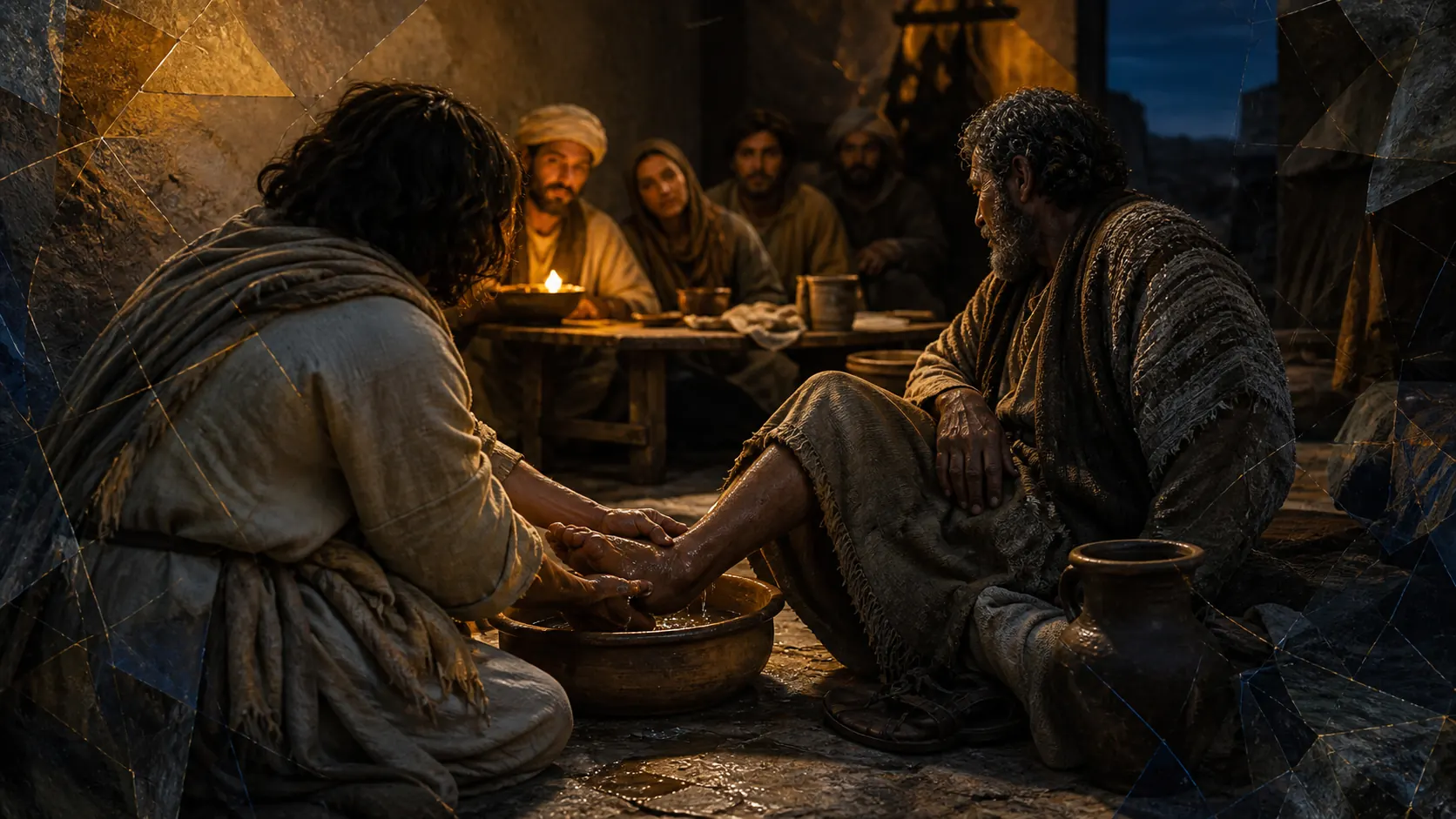 Mãos lavam pés cansados junto a uma bacia de água, em composição escura e dourada.
