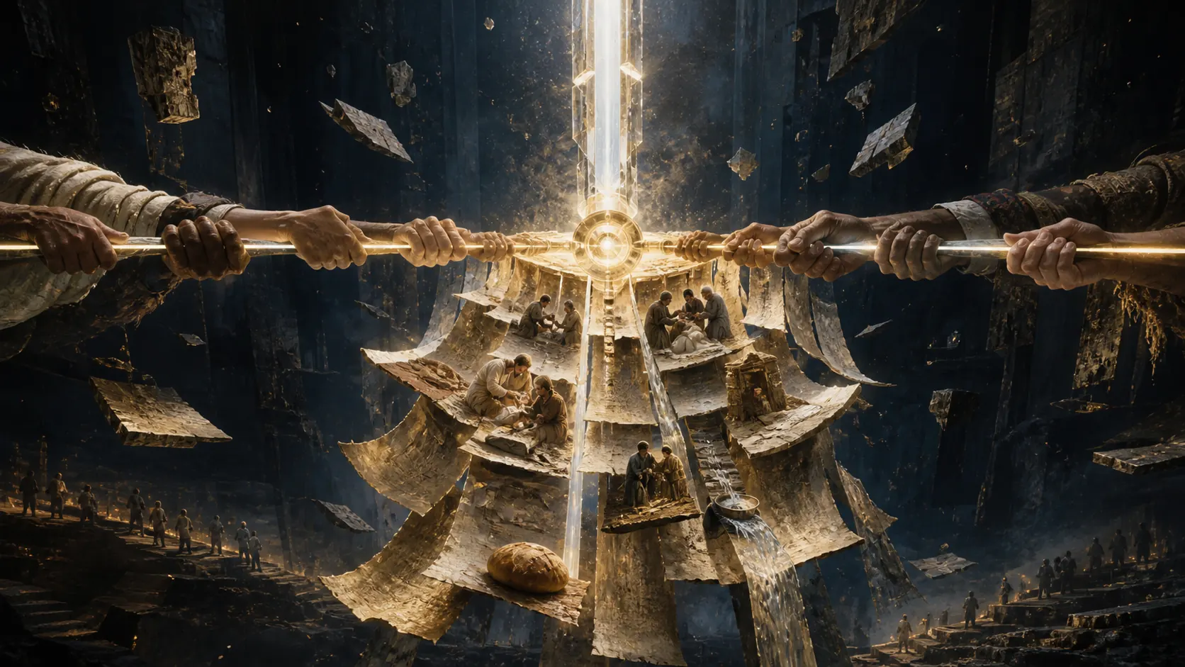 Duas estruturas de luz sustentam uma grande arquitetura quebrada, unidas por um eixo dourado.