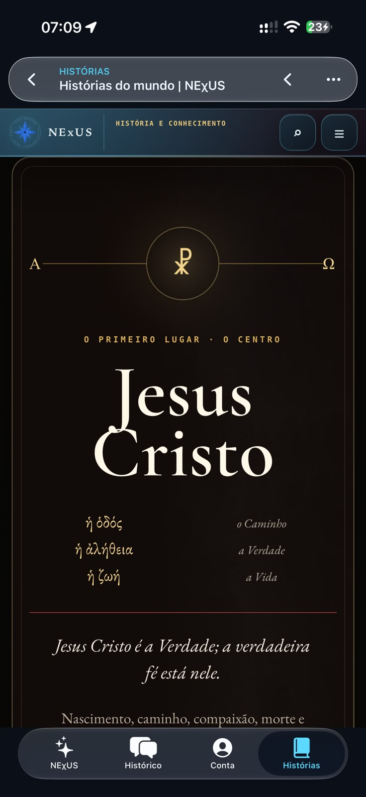 Captura do aplicativo iOS NEχUS na seção Histórias do mundo