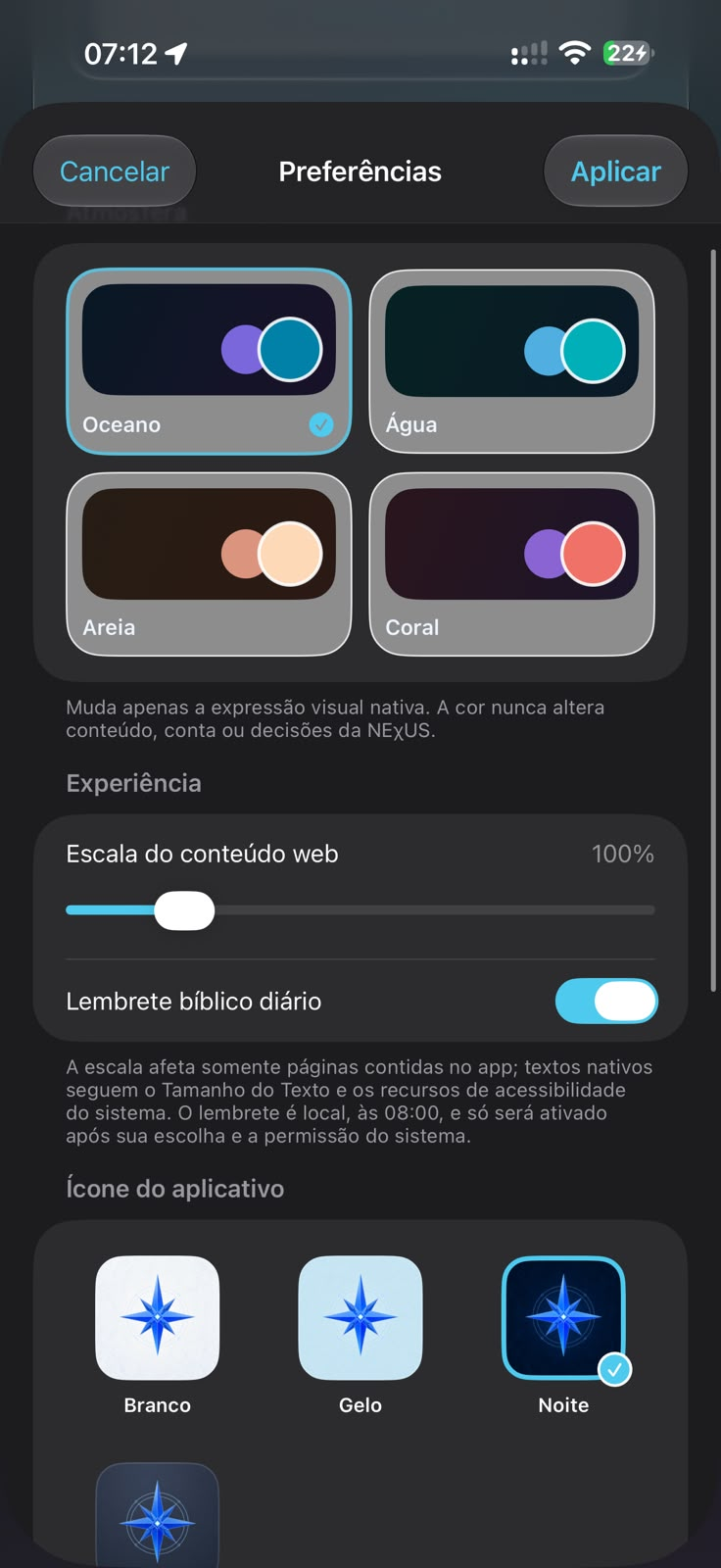 Captura do aplicativo iOS NEχUS na tela Preferências