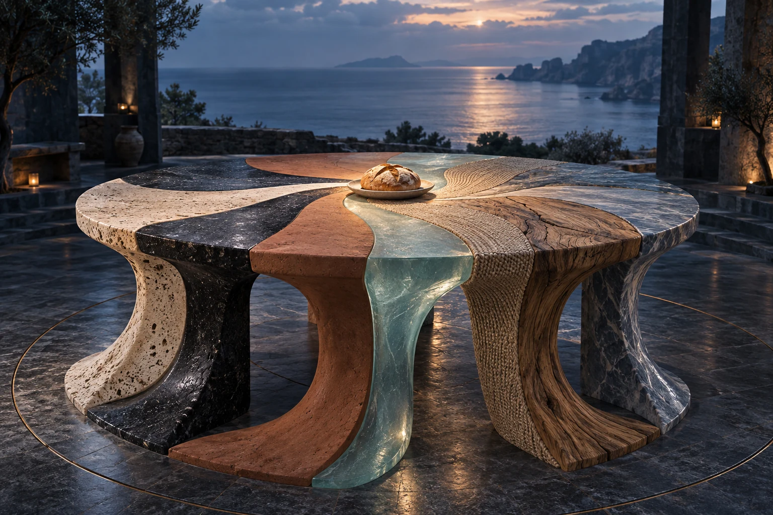 Uma mesa circular reúne sete matérias diferentes, cujos segmentos convergem para um pão colocado no centro.