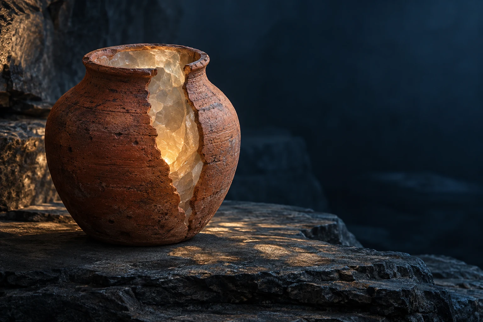 Um vaso de barro aberto revela um interior mineral iluminado, enquanto a superfície exterior conserva sua textura frágil.