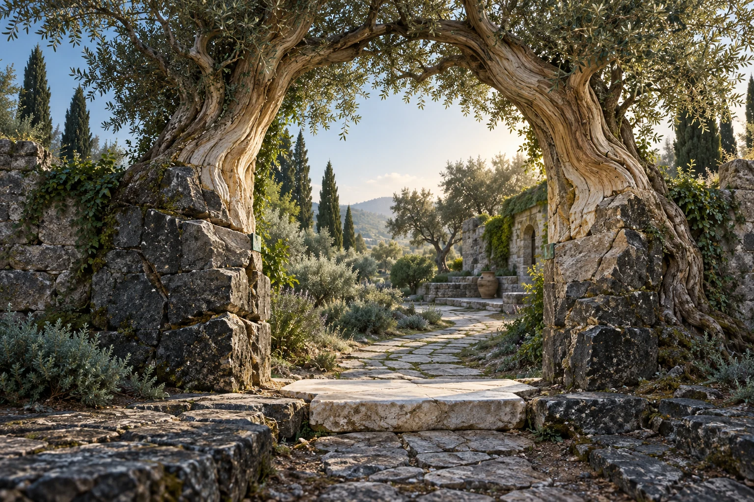 Um limiar de pedra se transforma gradualmente num arco de oliveira, abrindo a passagem para um caminho.