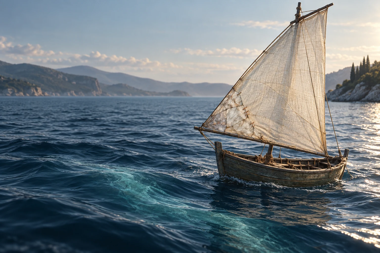 Um pequeno barco tem a vela reparada, feita de pedra translúcida que se torna linho; sob a água, uma corrente clara acompanha a embarcação.