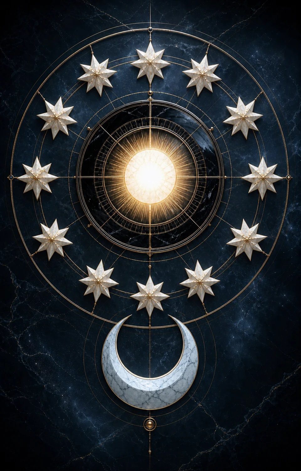 Sol central, lua crescente e uma coroa de exatamente doze estrelas de mármore em geometria de astrolábio