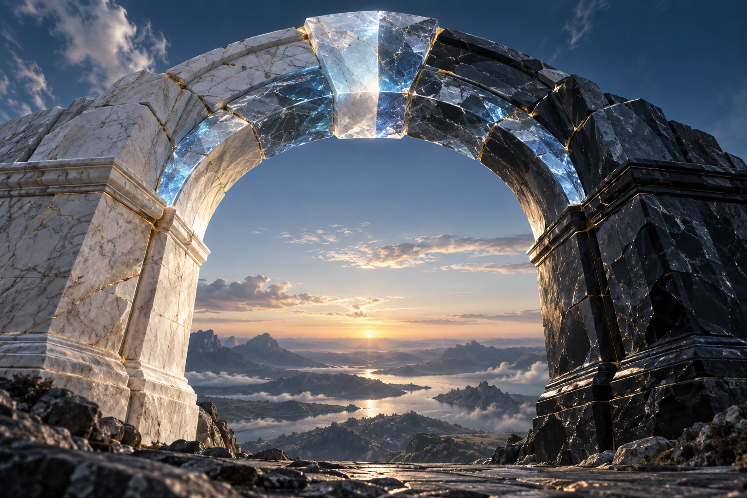 Arco de mármore claro à esquerda e obsidiana escura à direita, unido por uma pedra central de cristal azul, diante de um lago ao amanhecer.