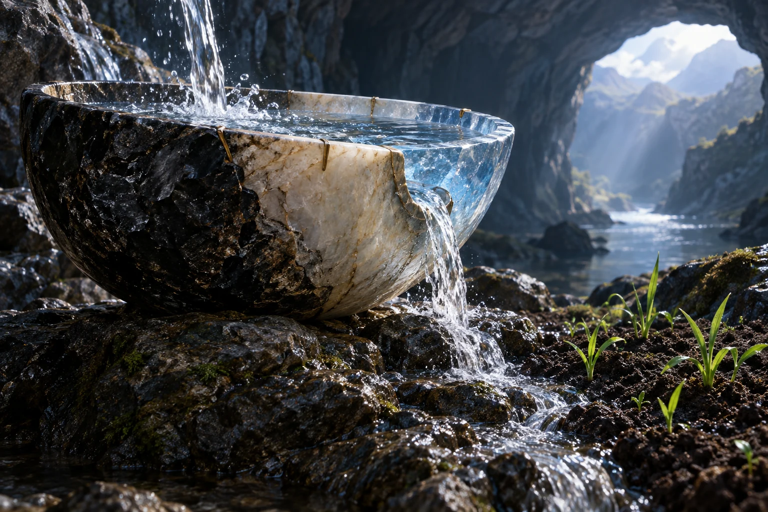 Tigela contínua de obsidiana, matéria marfim e cristal recebe água que cai numa caverna e transborda em direção à relva.