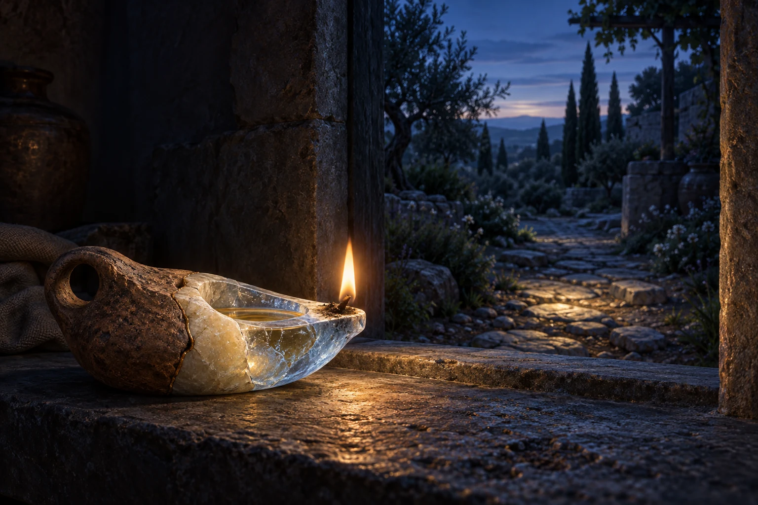 Lâmpada a óleo de argila, matéria marfim e cristal ilumina um caminho de pedra sob a luz azul que antecede o amanhecer.