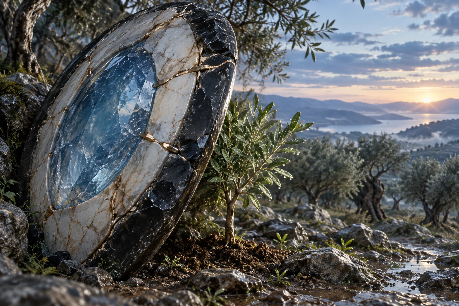 Escudo oval de obsidiana, matéria marfim e cristal está de pé ao lado de uma muda viva de oliveira, sem pessoas em combate.