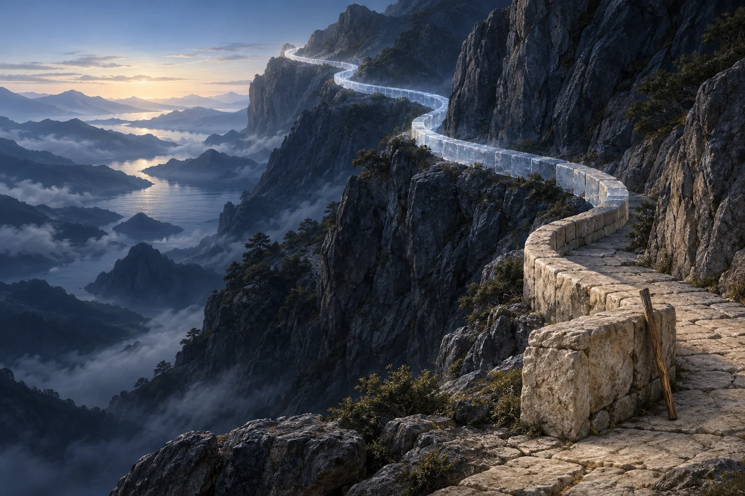 Caminho sinuoso com guarda-corpo de pedra que se torna translúcido e um cajado em primeiro plano.