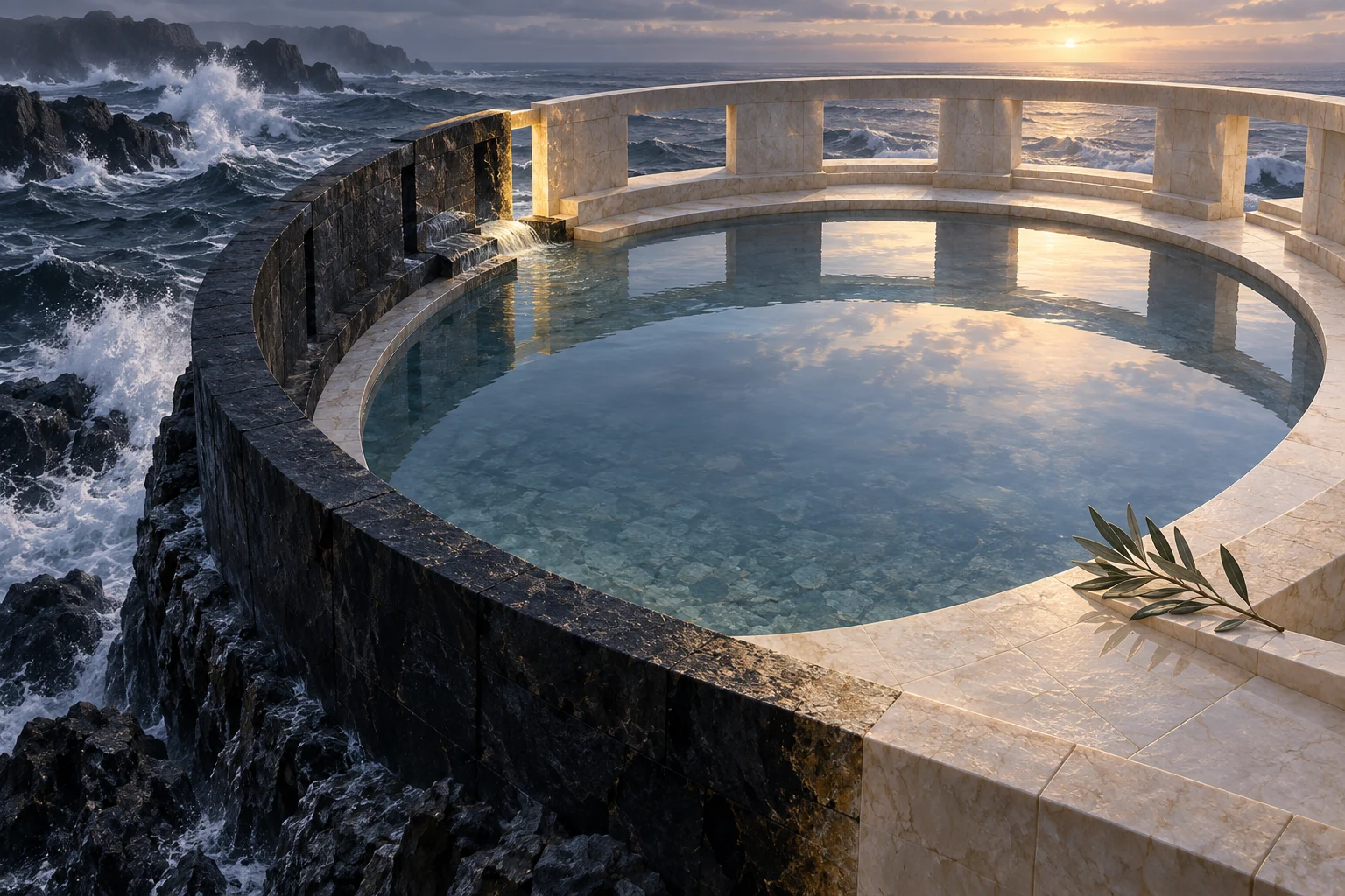 Piscina circular tranquila dentro de paredes de obsidiana e marfim, com um ramo de oliveira e o mar revolto do lado de fora.