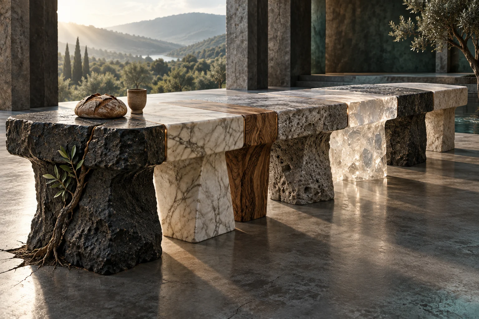 Mesa longa formada por basalto, mármore, madeira, quartzo e calcário, com pão, copo e um pequeno broto numa fenda.