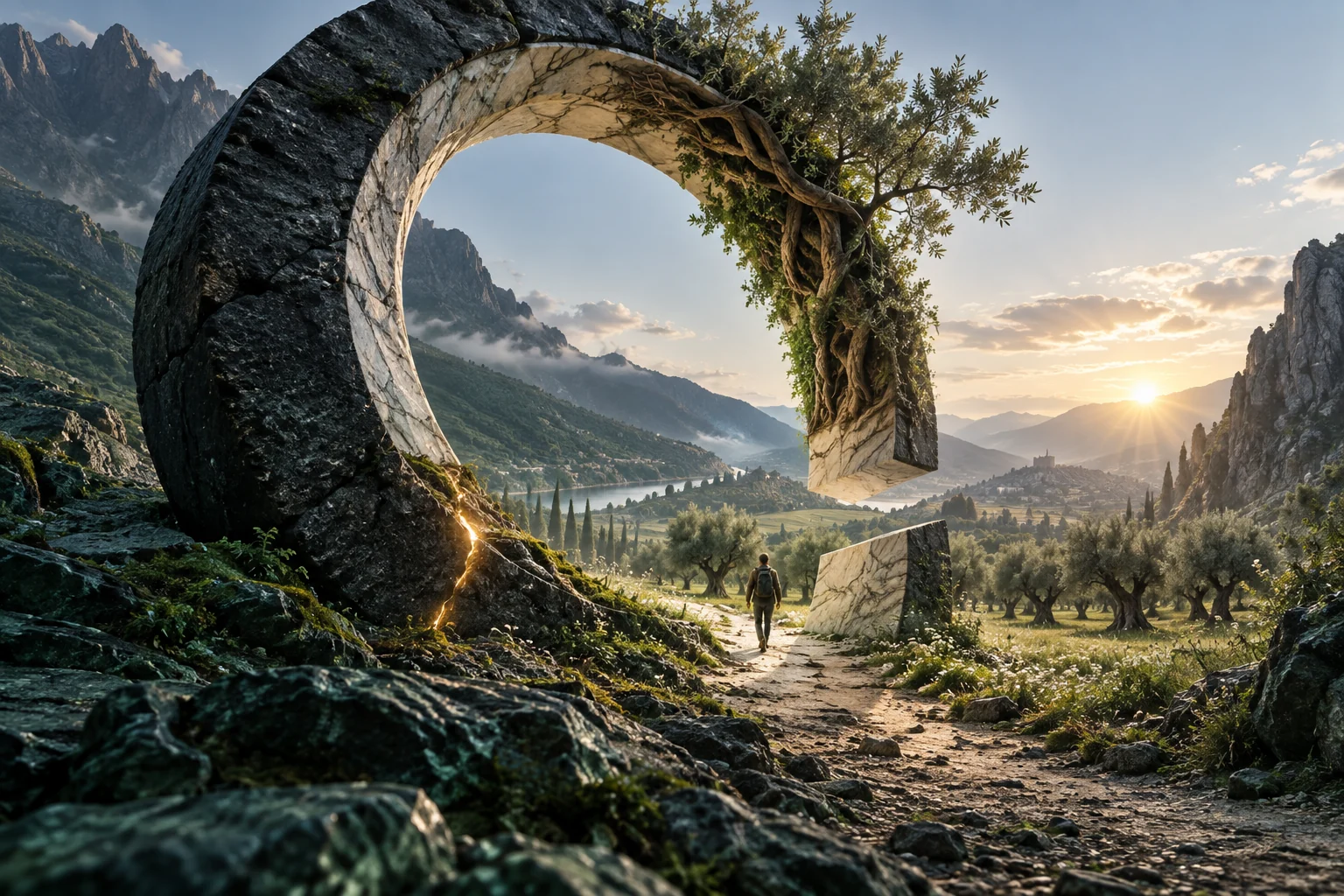 Um grande arco mineral interrompido abre passagem para um viajante e um olival; a pedra se transforma em raízes.