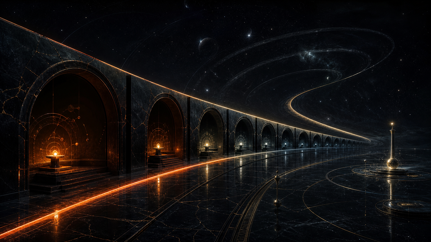 Arcada de obsidiana atravessada por uma curva luminosa de decaimento, cercada pelo cosmos