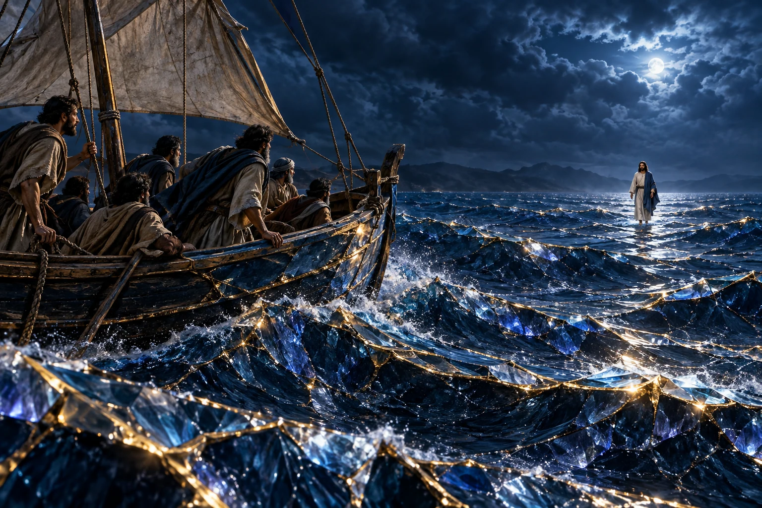 Jesus caminha sobre água azul cristalina em direção a um barco escuro com vínculos dourados.