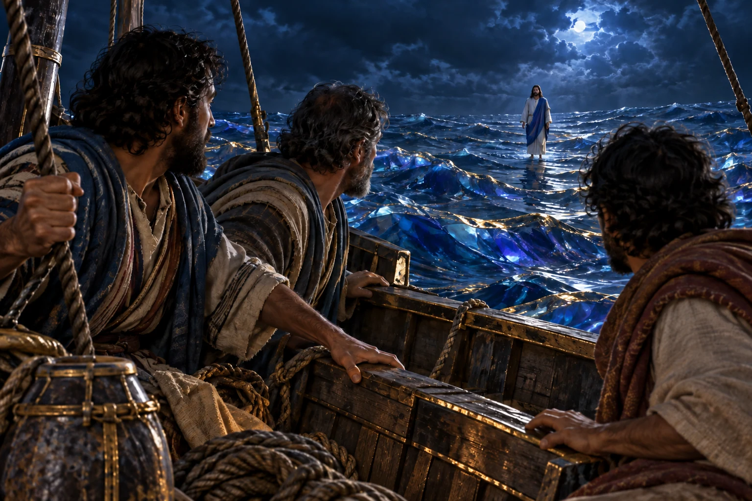 Discípulos se voltam para uma figura sobre o mar, entre bordas azuis e cordas douradas.