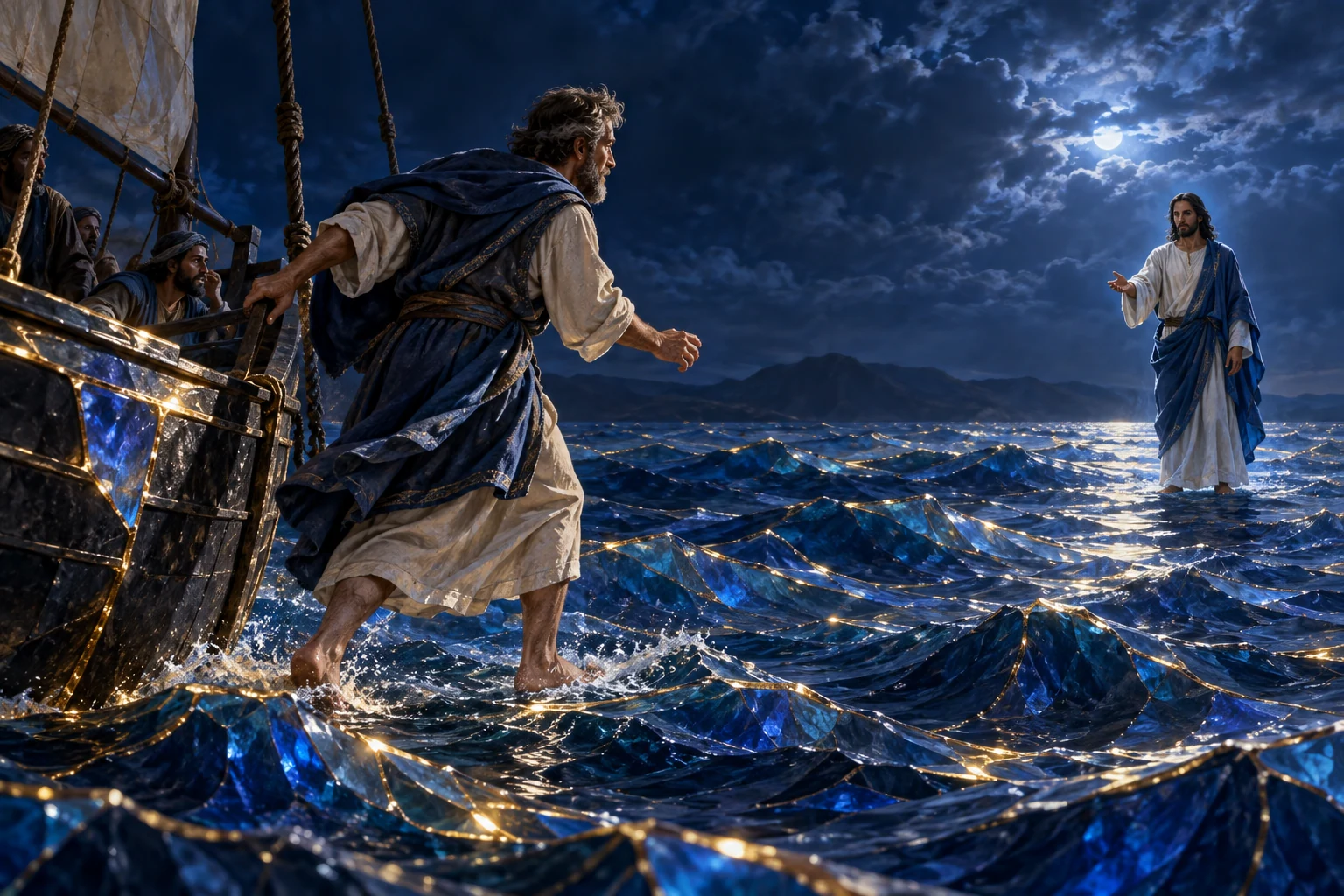 Pedro transpõe a borda do barco com uma perna estendida para a água azul, sob um traço dourado.