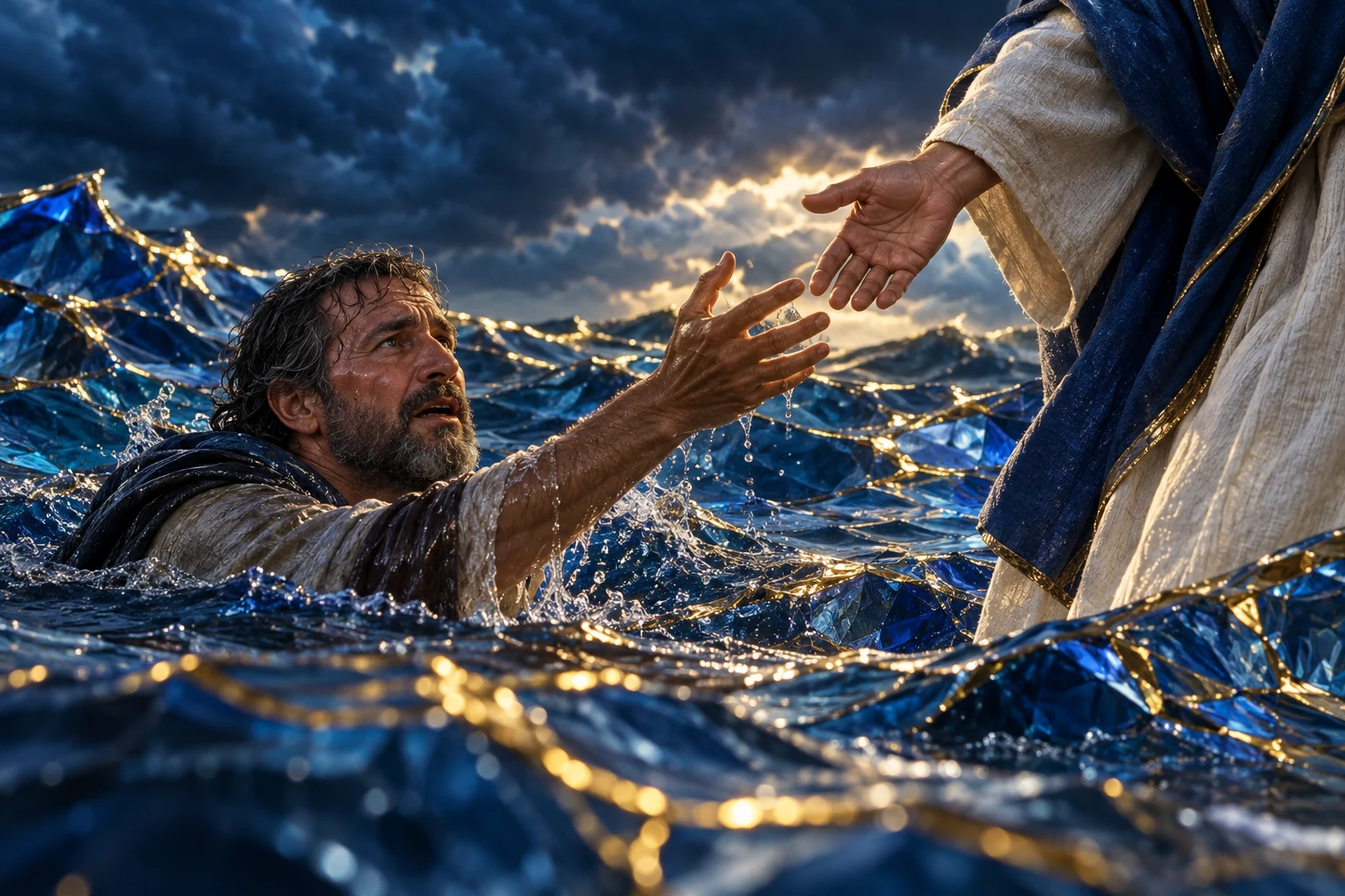 Pedro começa a afundar e ergue a mão para Jesus entre ondas azuis com bordas cristalinas douradas.