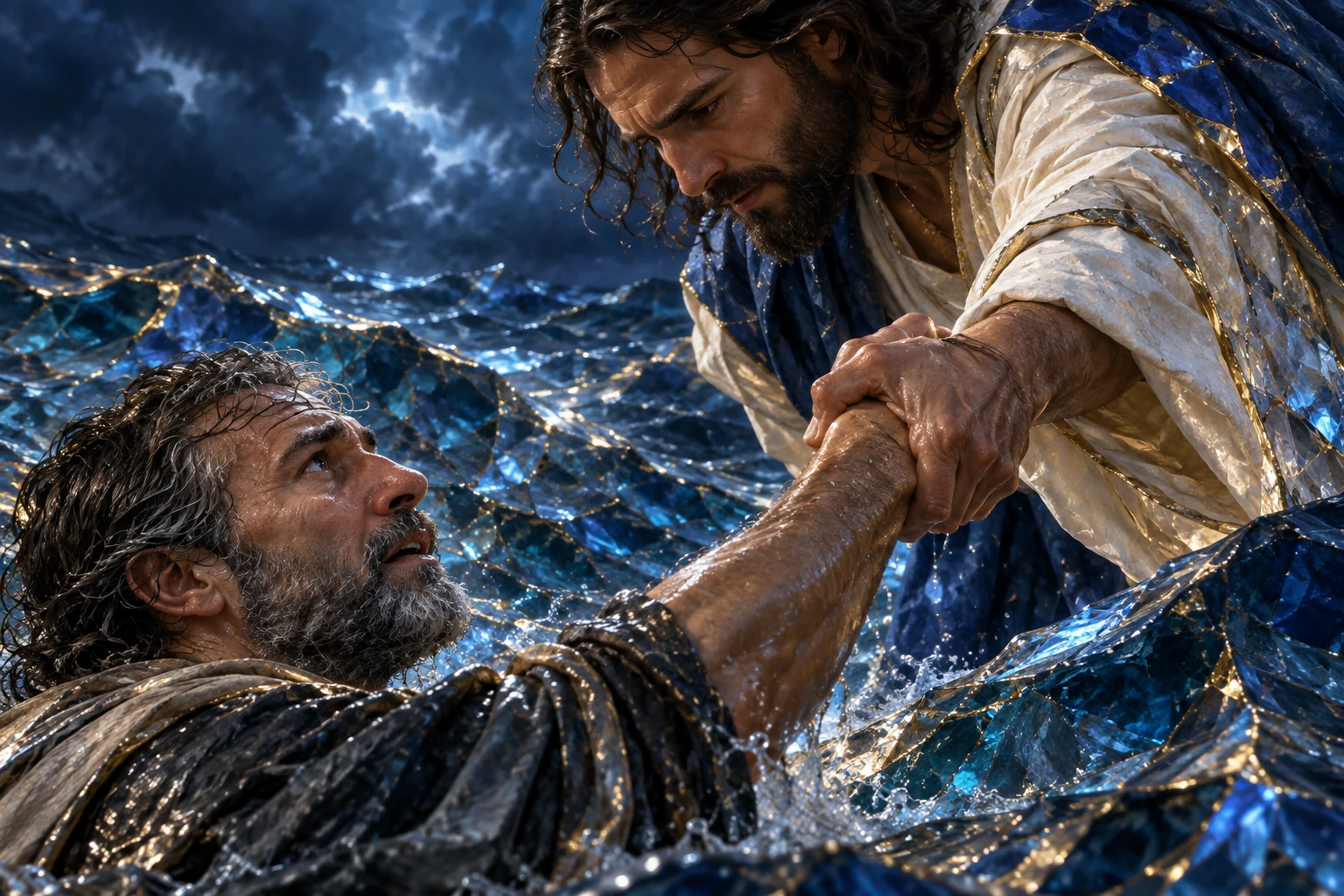 Jesus segura a mão de Pedro sobre um plano de água azul profunda atravessado por ouro.