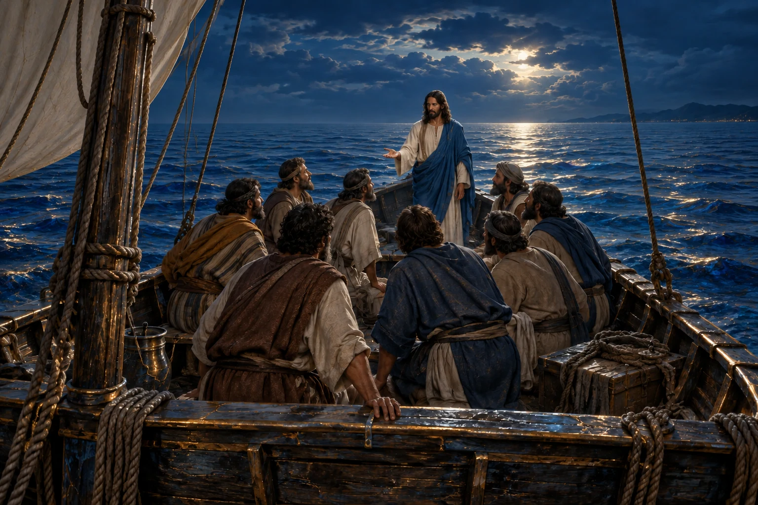 Jesus e Pedro estão no barco com os discípulos, diante de um mar azul que perdeu a agitação.