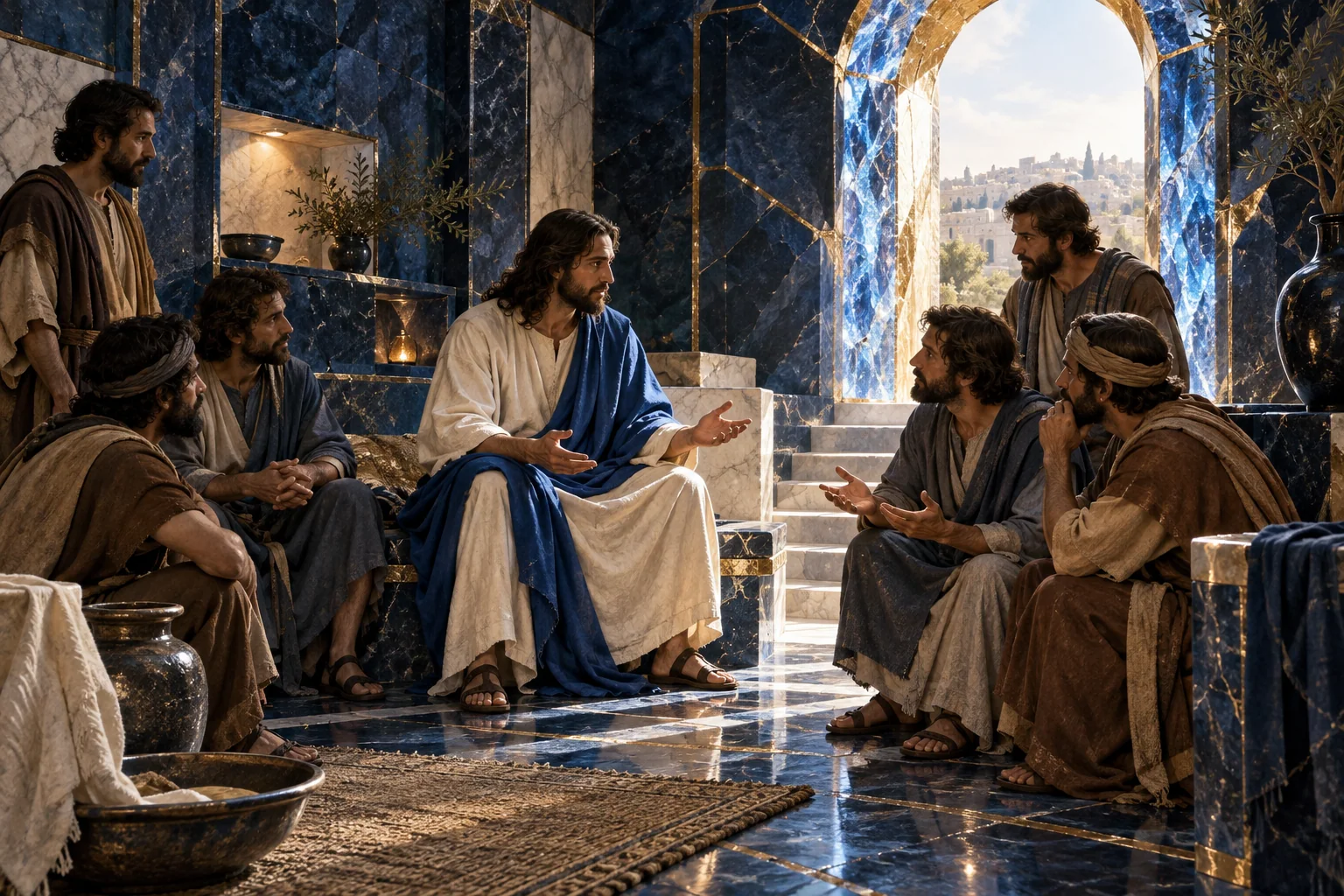 Jesus reúne os discípulos num interior azul com colunas de mármore e juntas douradas.