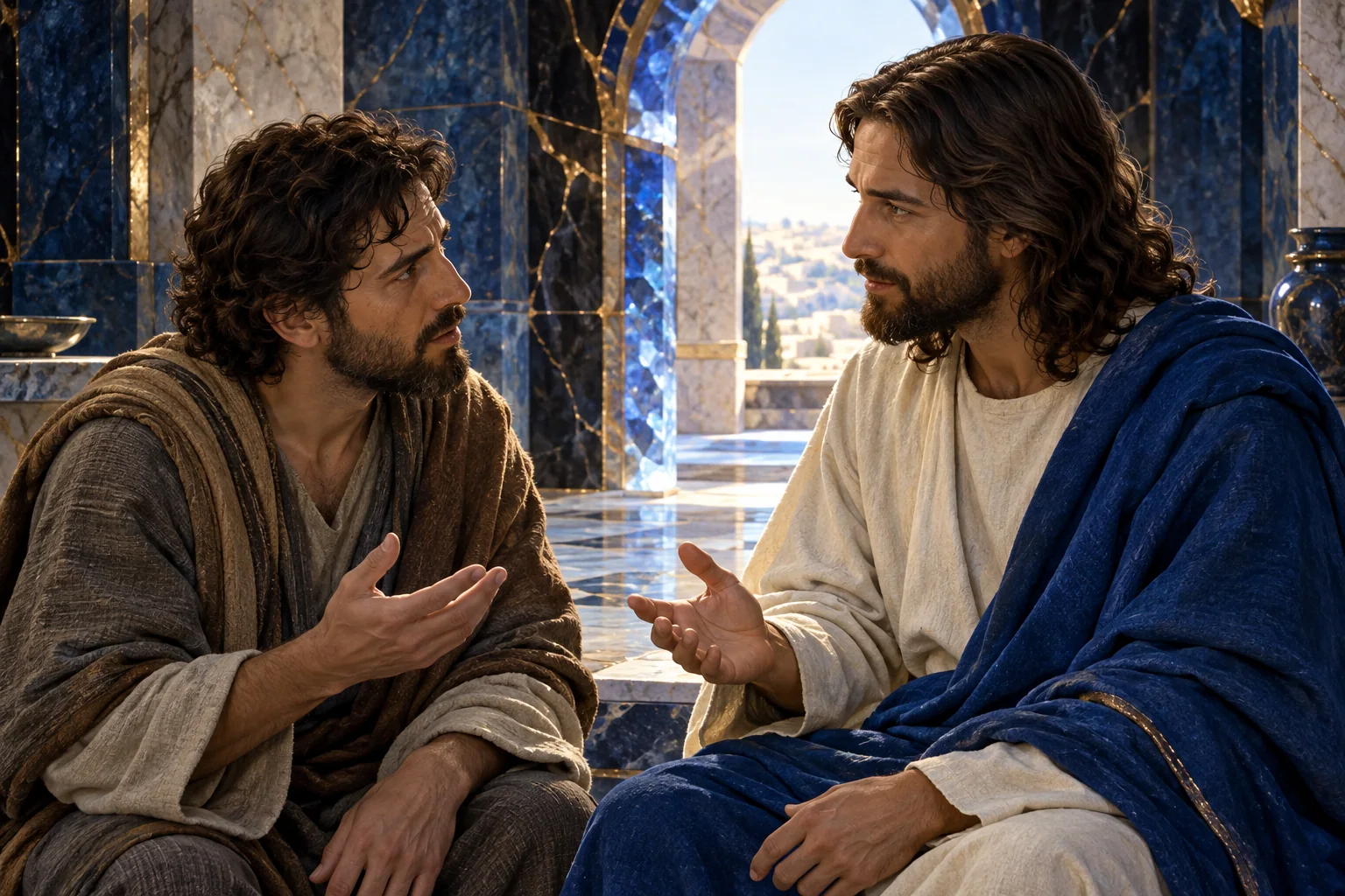 Tomé se dirige a Jesus, com uma mão aberta entre vestes azuis e nervuras de ouro.