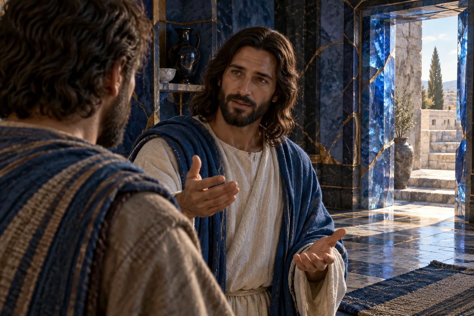 Jesus responde a Tomé diante de uma passagem de pedra azul unida por ouro.