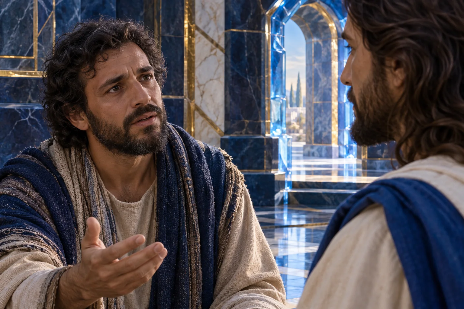 Filipe olha para Jesus num espaço de cristal azul e mármore marfim com ouro.