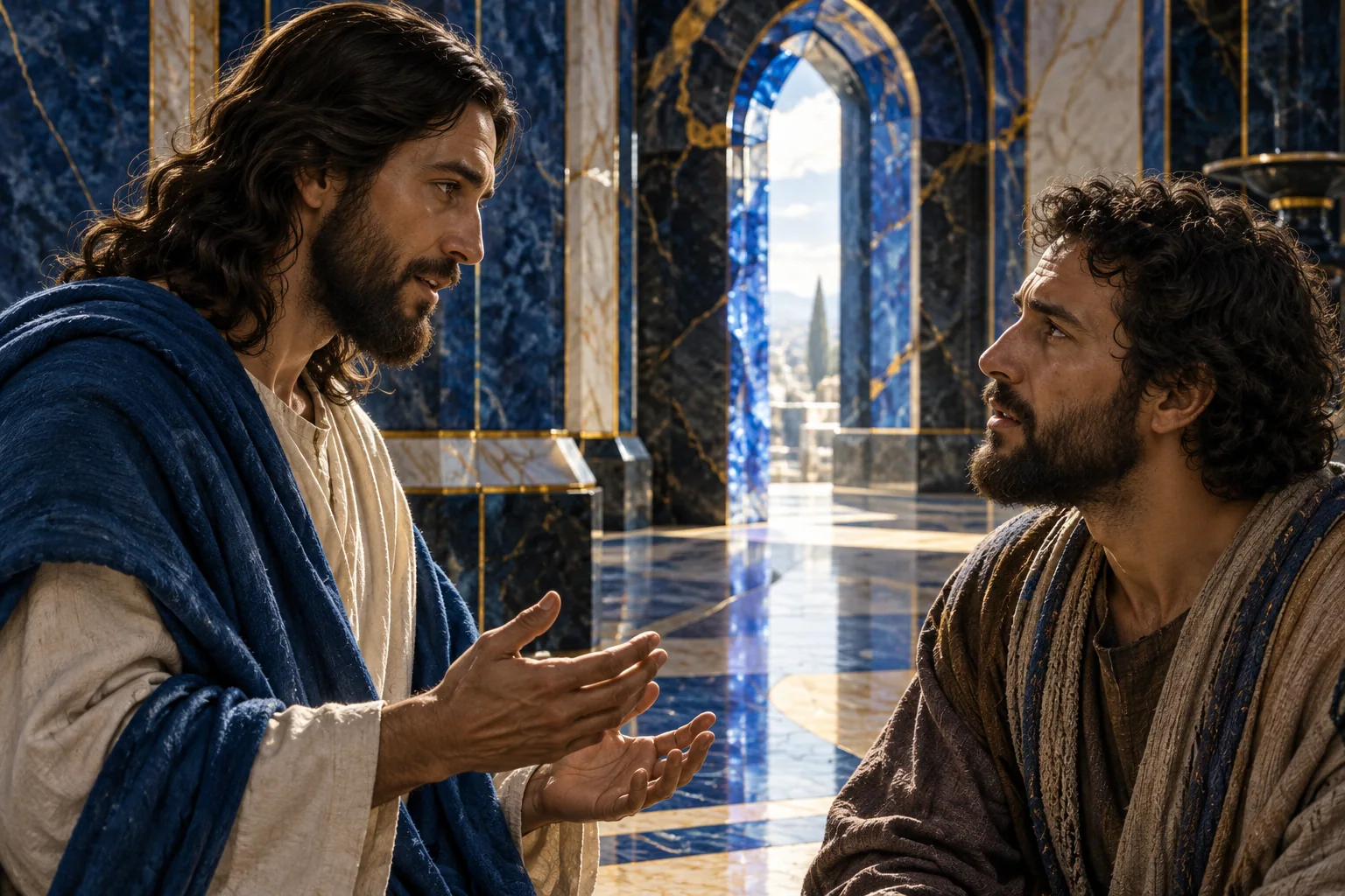 Jesus e Filipe se encaram com respeito, entre mantos azuis e linhas douradas contínuas.