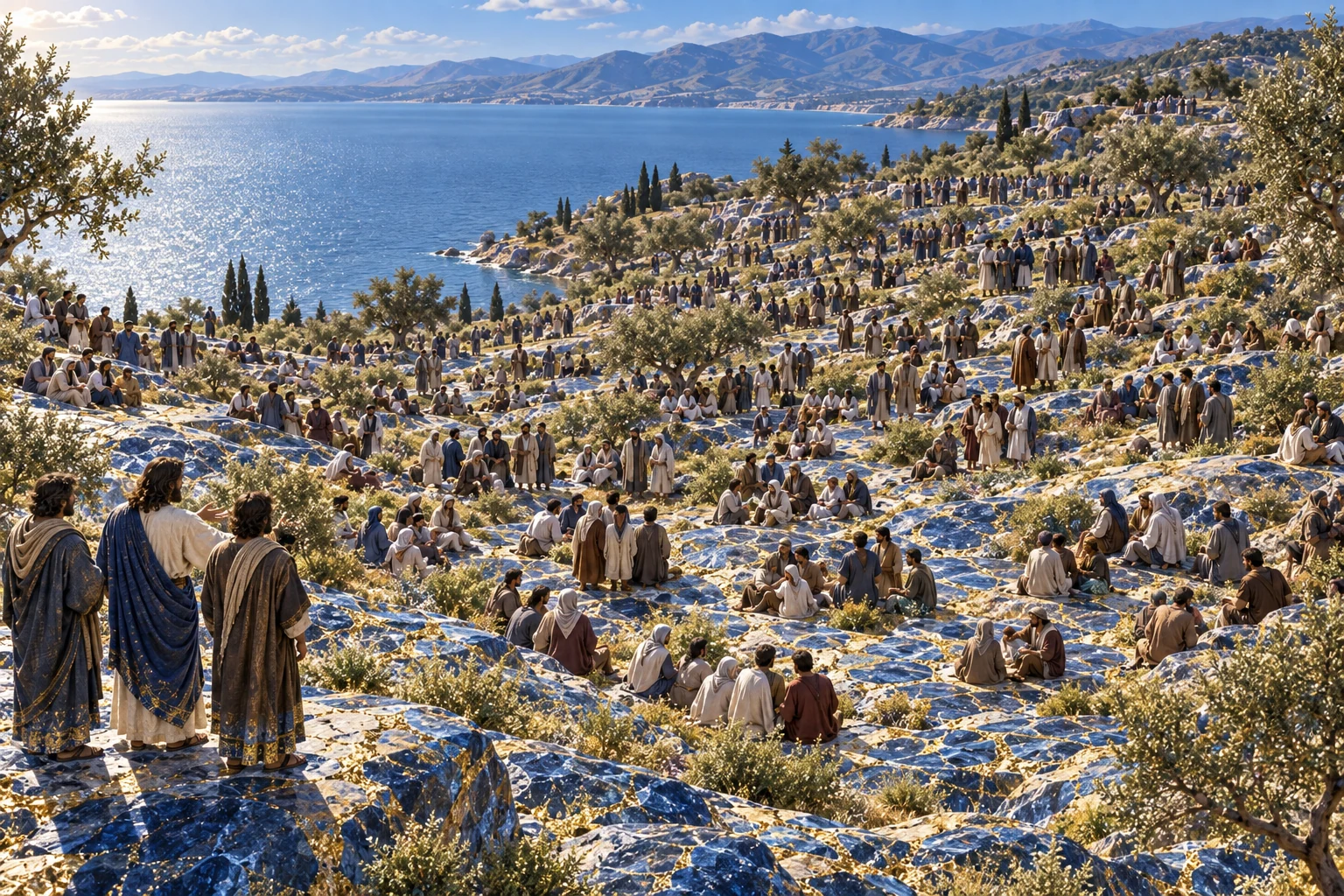 Discípulos e Jesus observam grupos numerosos sobre uma encosta azul entre linhas douradas.