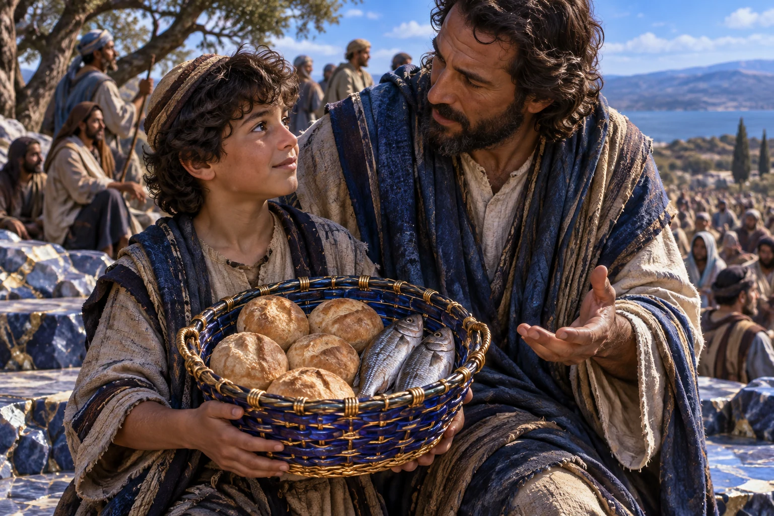 Um menino apresenta cinco pães e dois peixes junto de André, entre cesto azul e filamentos dourados.