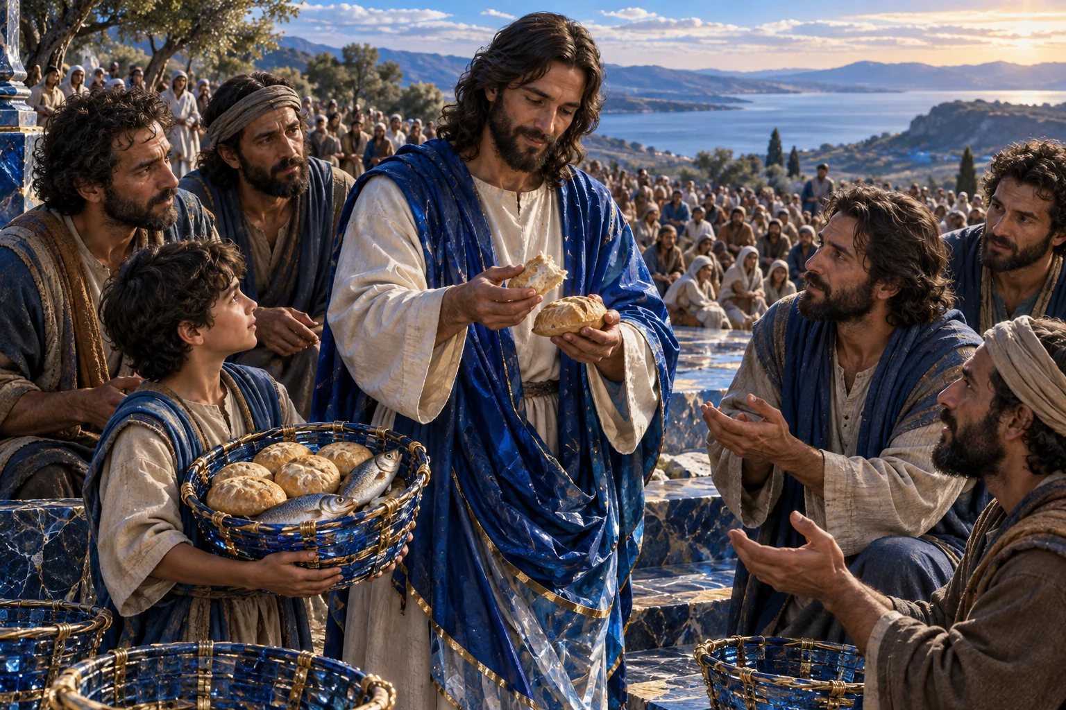 Jesus segura pão natural diante dos discípulos; suas vestes azuis se prolongam em planos marfim e ouro.