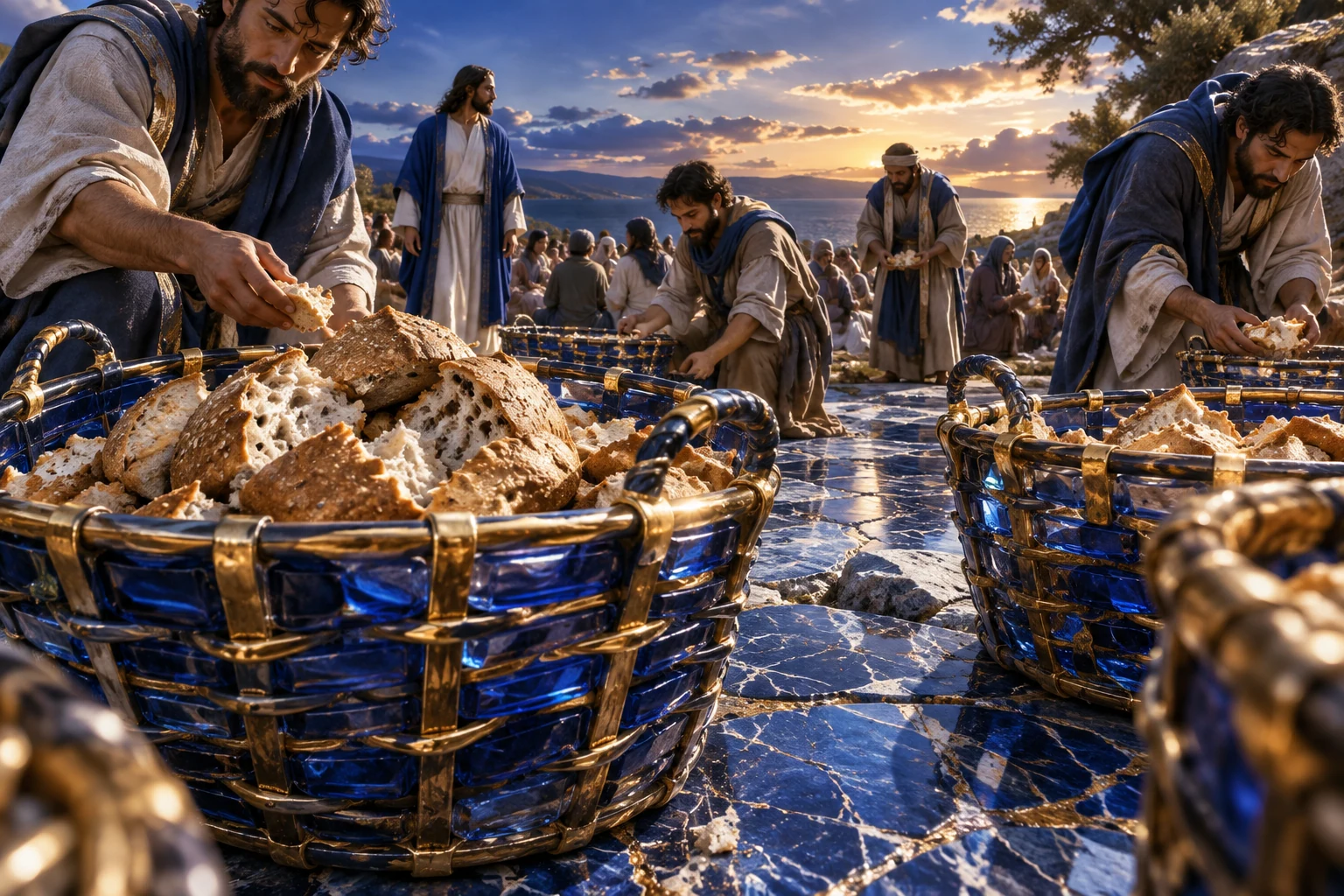 Cestos com pão recolhido repousam em fileira irregular de azul cristalino e dourado diante dos discípulos.