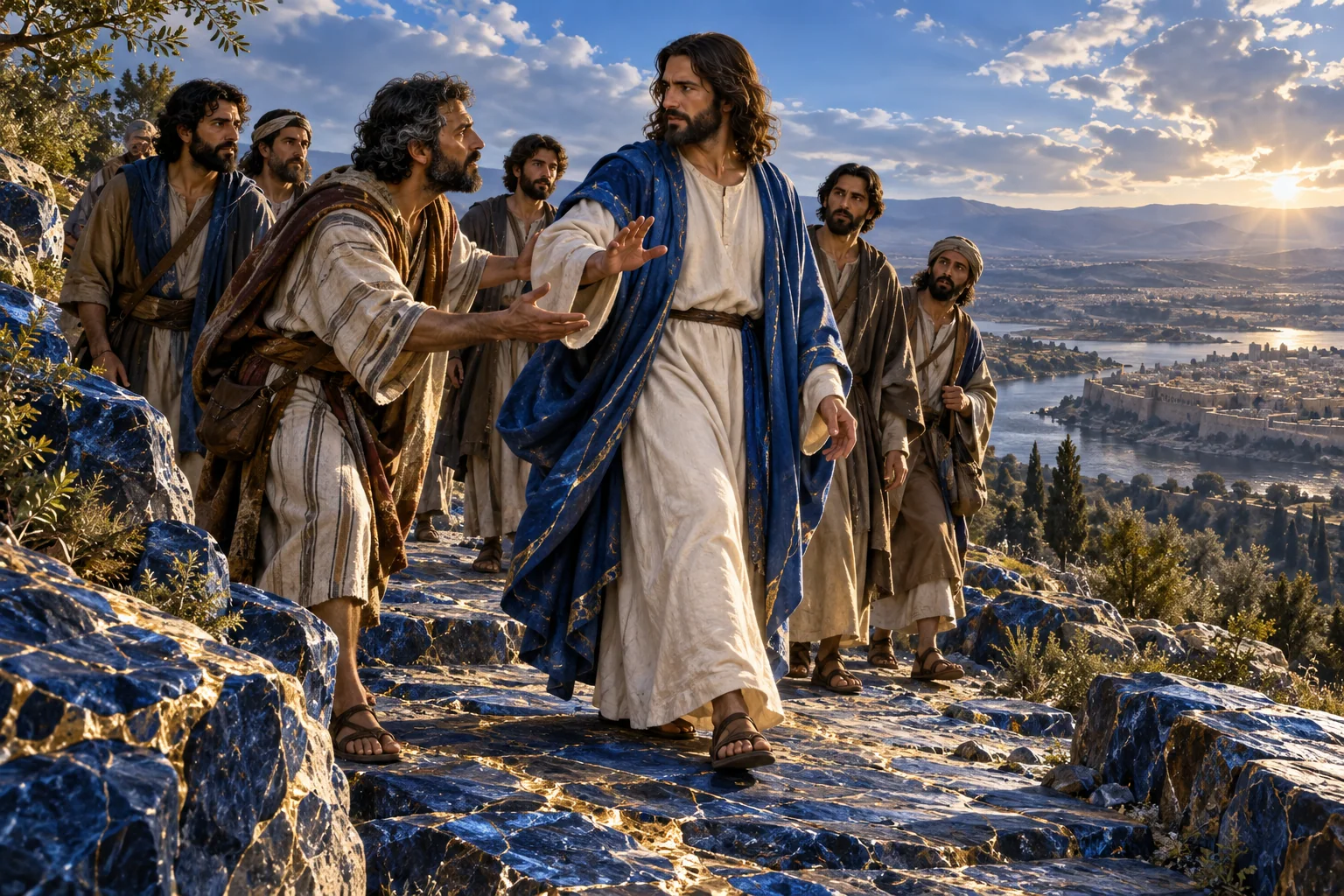 Jesus fala aos discípulos sobre uma trilha de pedra azul marcada por veios dourados.