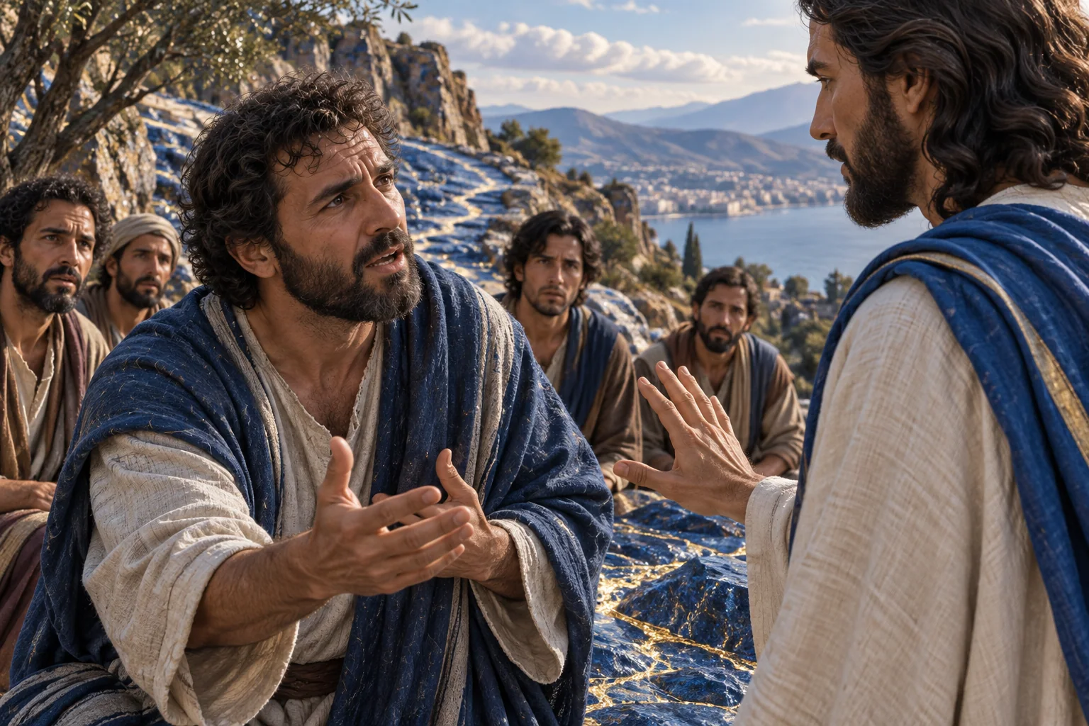 Pedro se volta para Jesus com expressão preocupada, diante de pedra azul e junções de ouro.