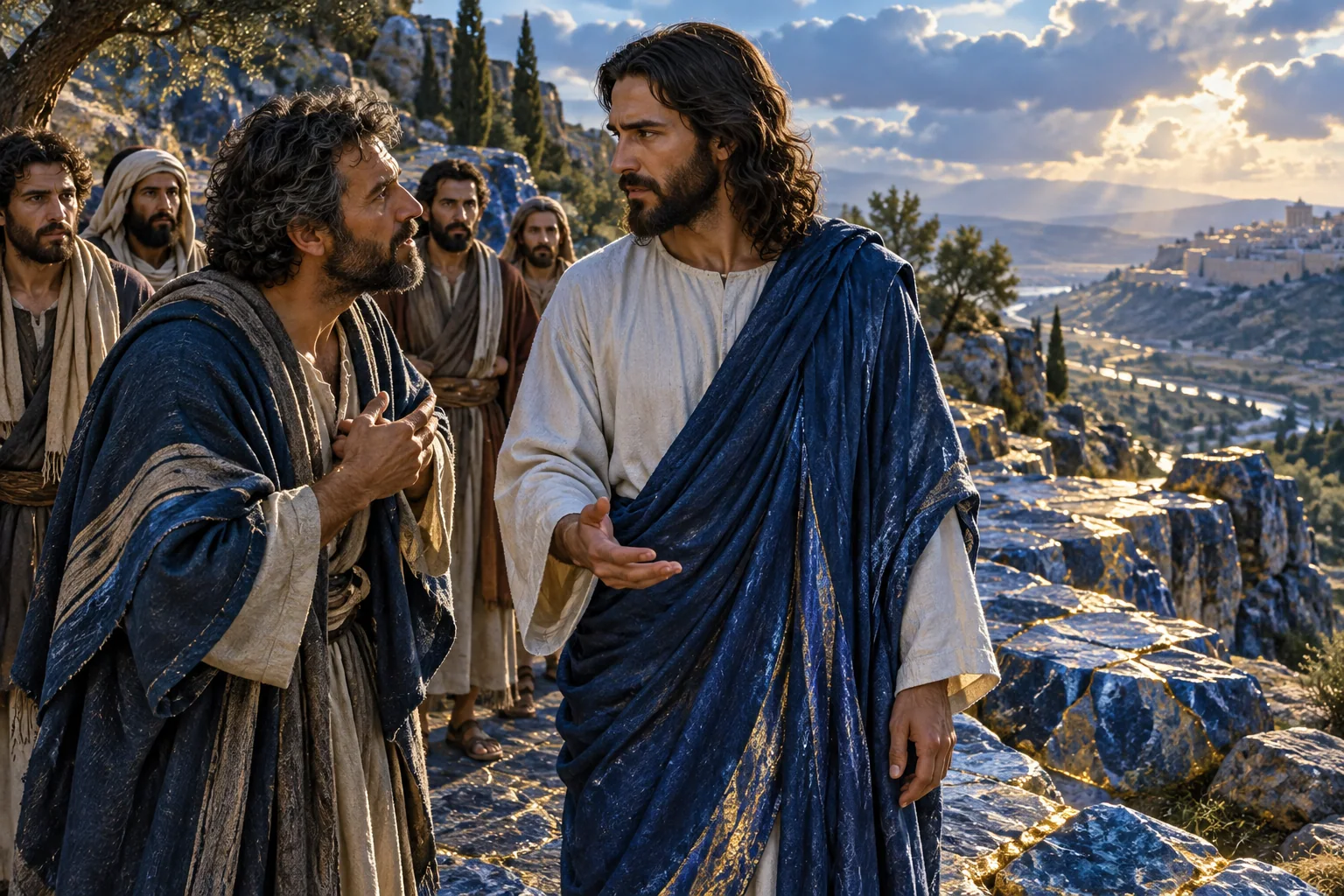 Pedro e Jesus conversam separados por poucos passos dos companheiros, entre mantos azuis e ouro.