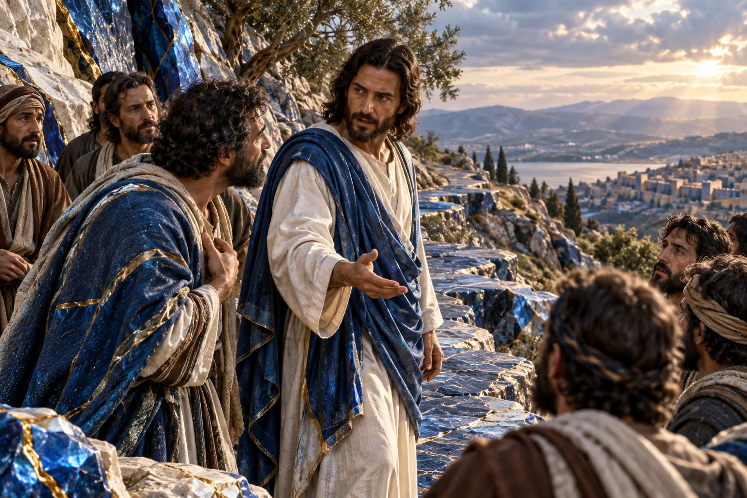 Jesus se volta para os companheiros enquanto Pedro permanece ao lado, em luz azul e marfim.
