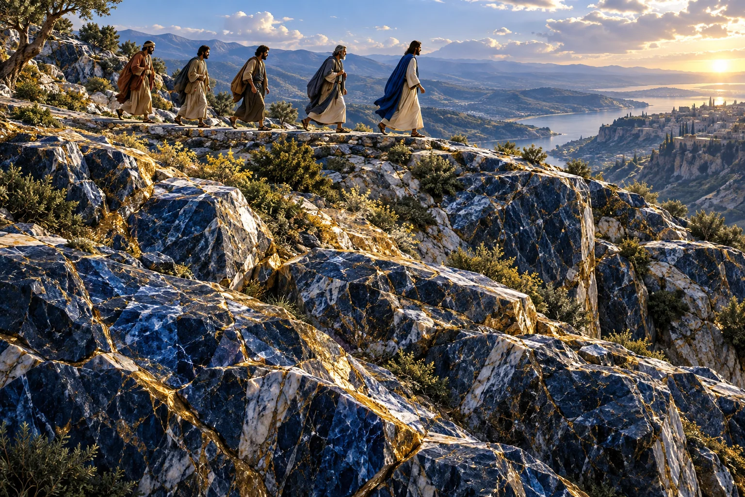 Jesus e discípulos ocupam diferentes pontos de uma trilha azul unida por linhas douradas.