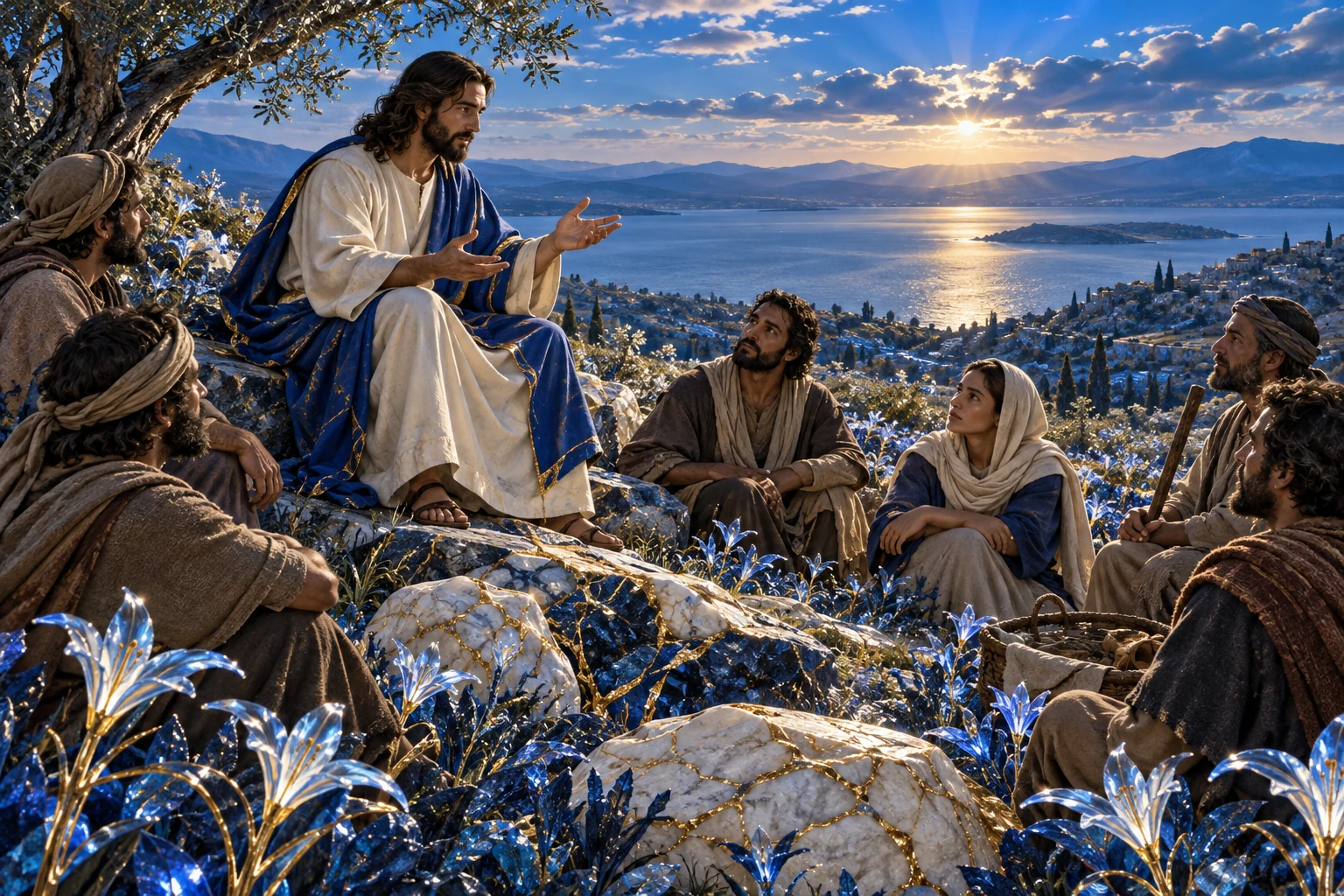 Jesus ensina a discípulos sentados diante de um campo azul de lírios e veios dourados.