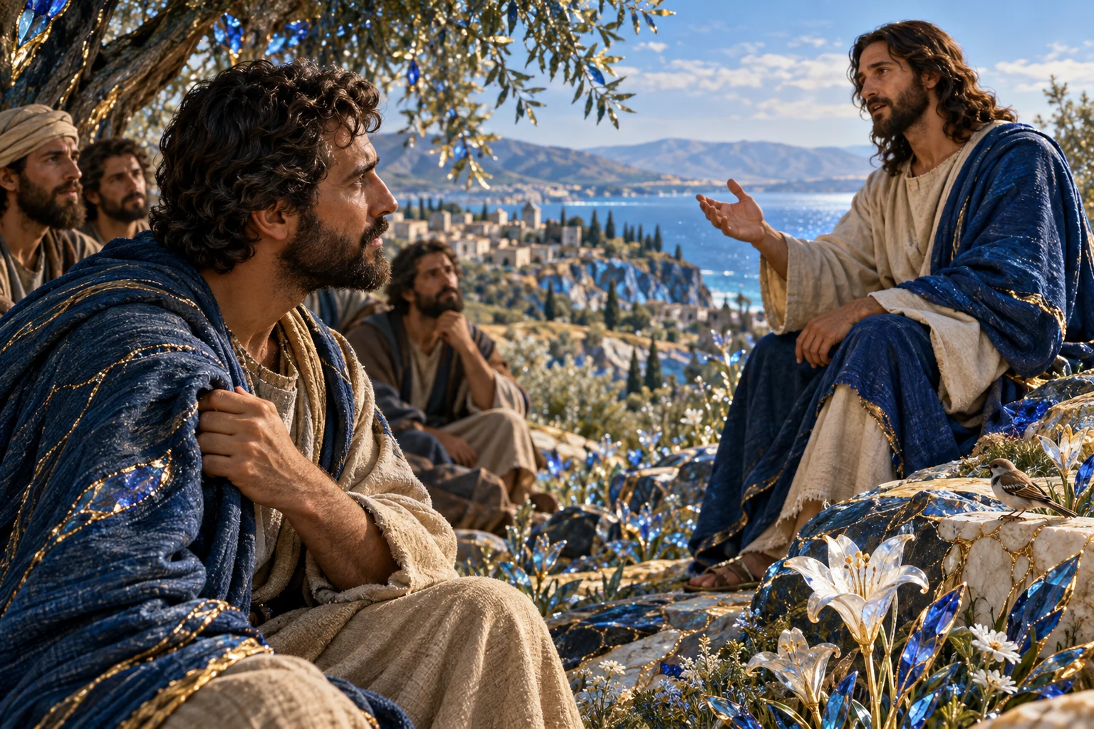 Discípulo escuta Jesus enquanto segura a borda de sua veste azul, marcada por fios dourados.