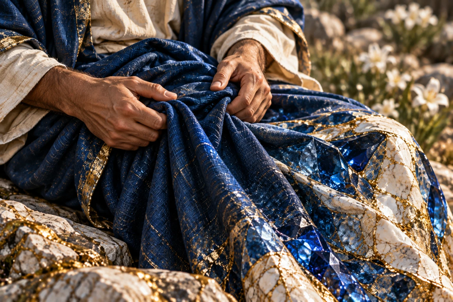 Manto azul de linho passa das mãos de um ouvinte a dobras de cristal com nervuras douradas.