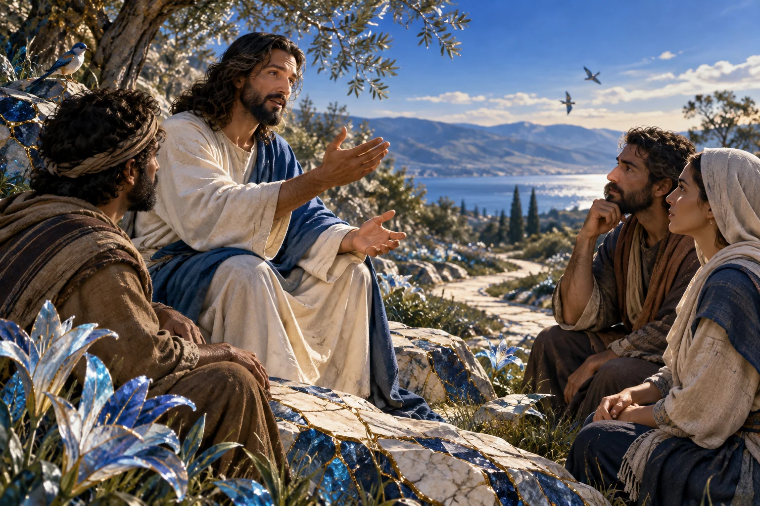Jesus e os ouvintes formam um arco aberto sobre um caminho azul atravessado por ouro.