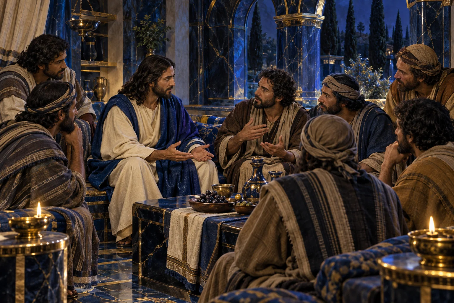 Discípulos falam diante de Jesus num interior azul com linhas de ouro ligando pedra e cristal.