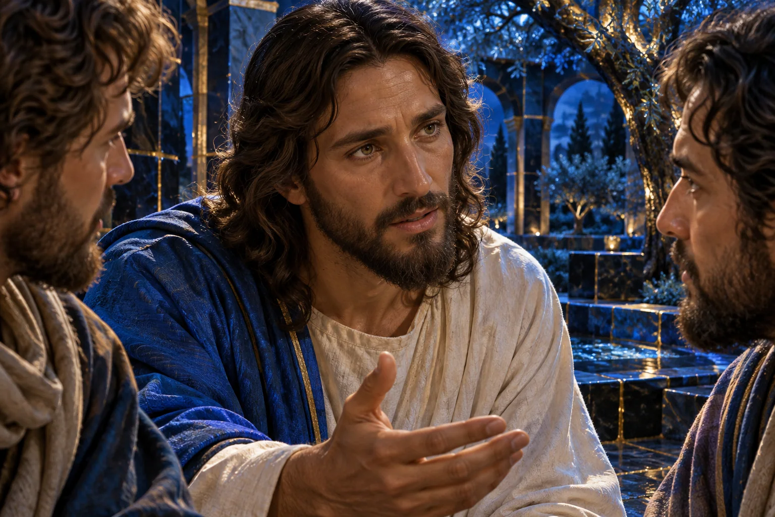 Jesus olha para seus companheiros, com veste marfim entre dobras azuis e douradas.