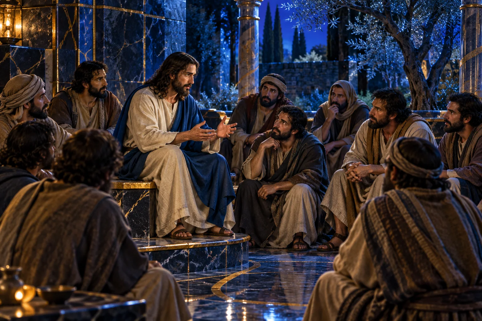 O grupo escuta Jesus entre linhas de arquitetura azul que se dividem e continuam em ouro.