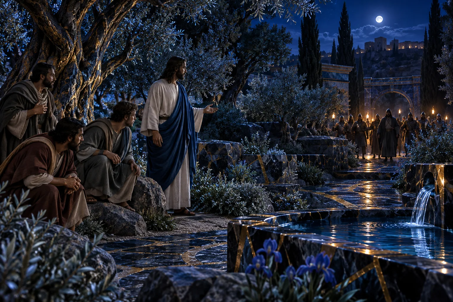 Discípulos no jardim se voltam diante da prisão de Jesus, entre troncos azuis e luz dourada.
