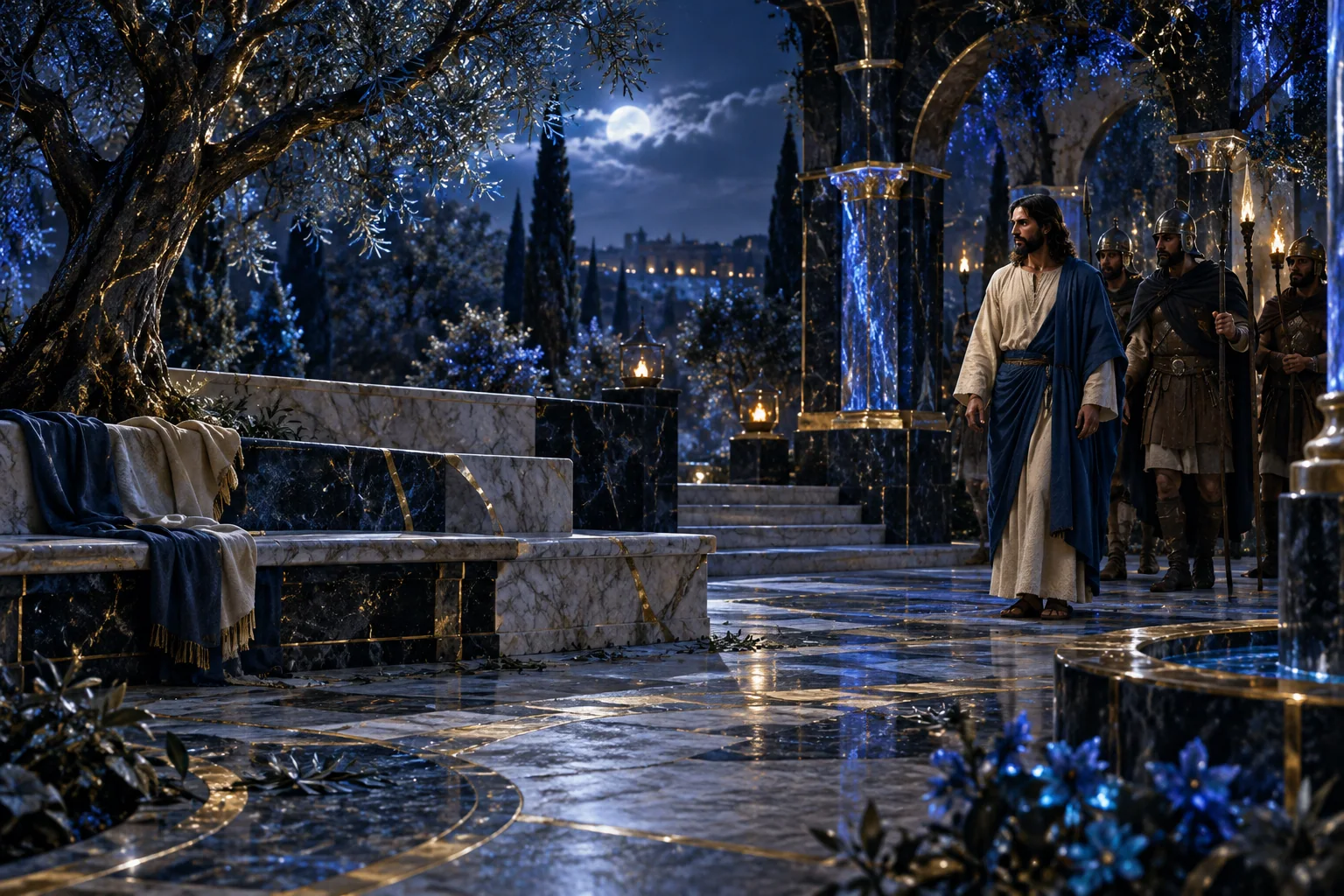 Jesus permanece com os que o prenderam, diante de um espaço azul vazio ligado por ouro.